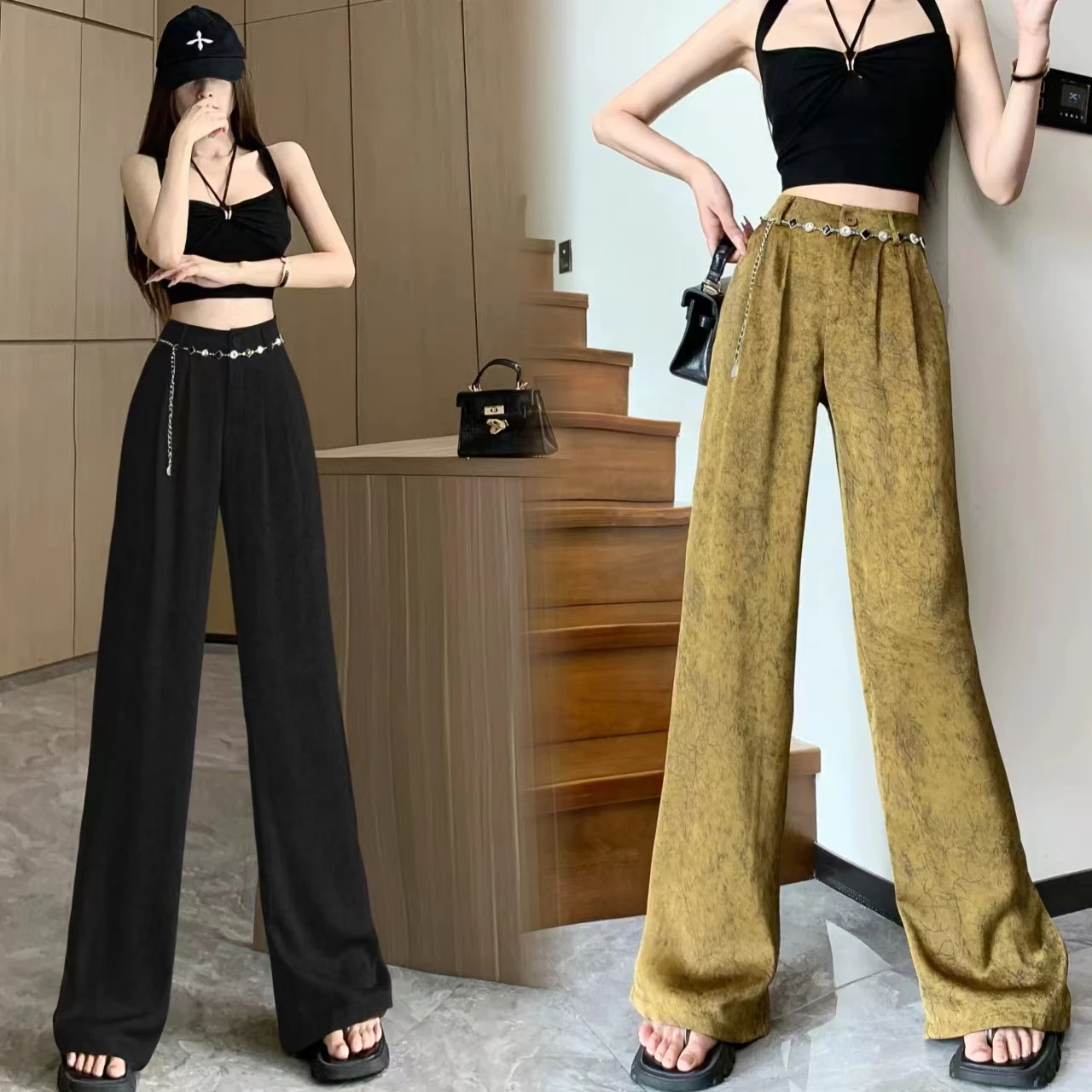 

Retro satin printed wide leg pants for women in spring 2024, new waist chain decoration, high waist and draped casual pants