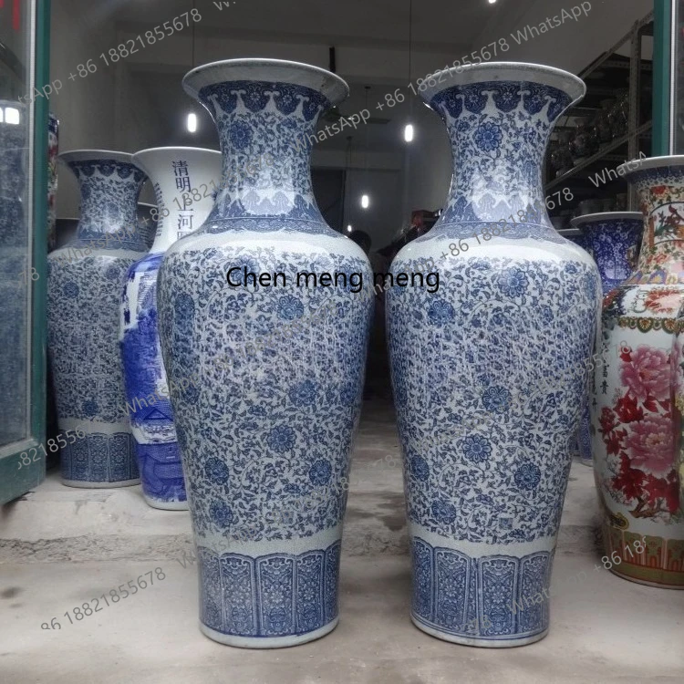A74Ceramic floor-to-ceiling large vase antique crack glaze blue and white tangled lotus, ceramic vase