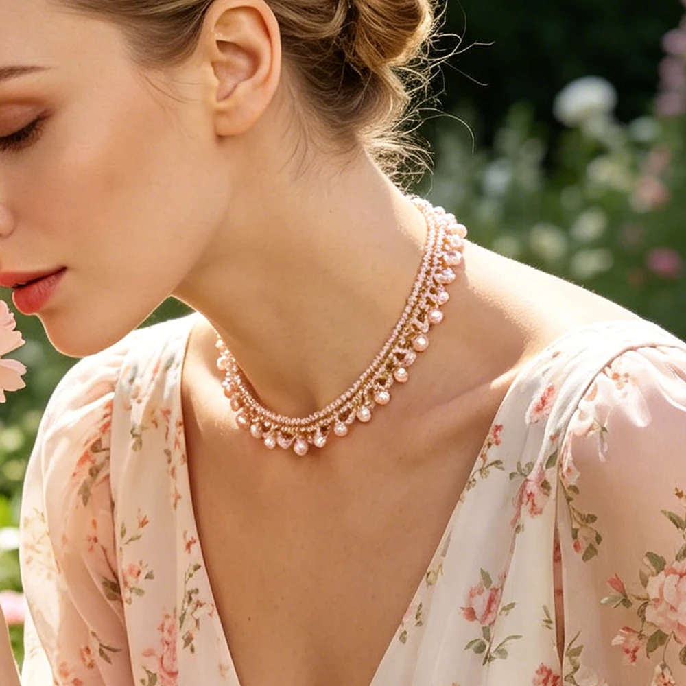 

New Freshwater Pearl Lace Necklace for Women Luxury Sweet Collar Chain Hand Woven Beads Choker Pendant Necklaces Charm Jewelry