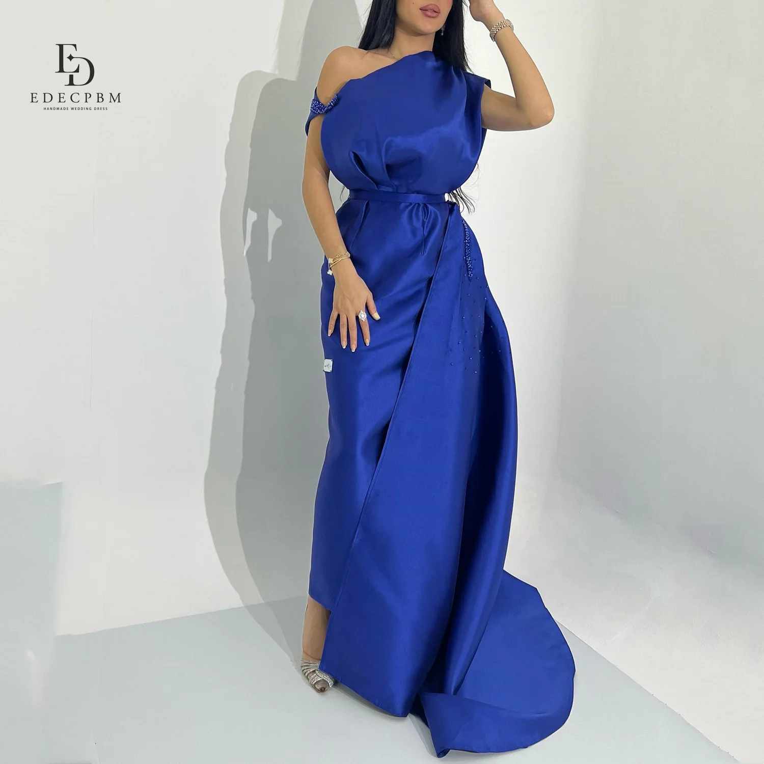 

EDECPBM Luxurious Women's Evening Dresses for Special Occasions Robe Soirée Luxe Dubaï Blue Customized Satin Prom Dress Wedding