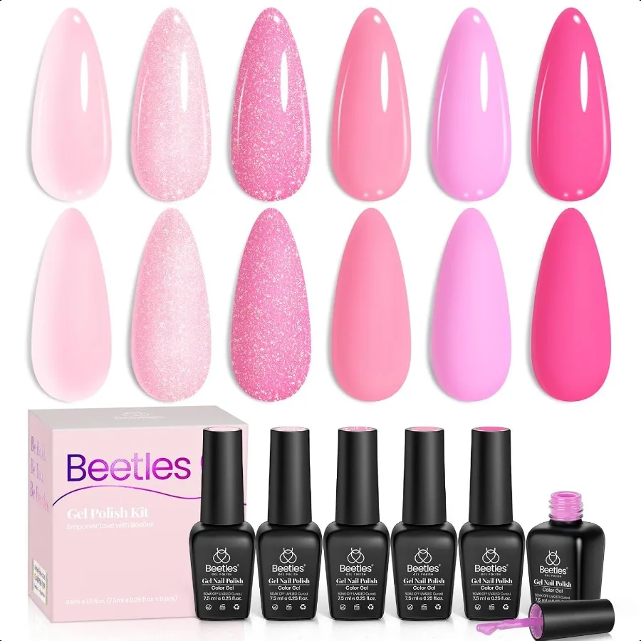 

Beetles Pink Gel Nail Polish 6 Colors Hot Pink Glitter Bright Jelly Gel Polish Soak off Uv LED Cured Nail Art Design Salon Home