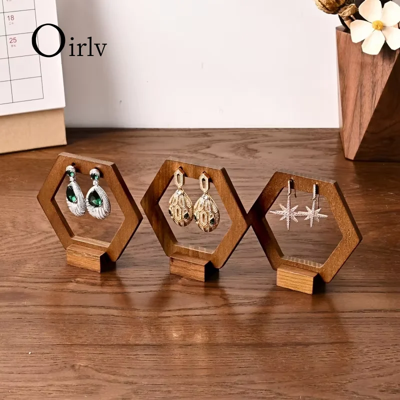 

Oirlv Solid Wood Hexagon Walnut Color Women's High Quality Earring Display Stand Earrings Organizer Jewelry Holder Accessories