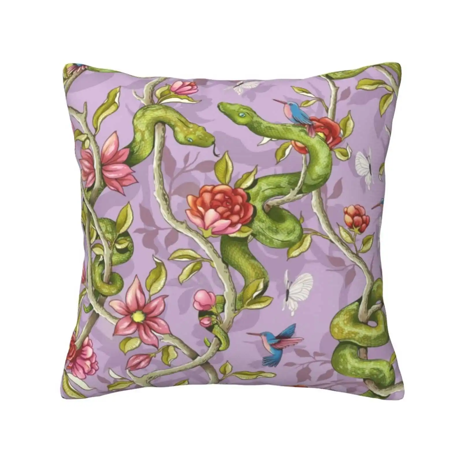 Morning Song-Lavender Home Sofa Car Cushion Cover Pillowcase Snake Python Scales Green Lavender Lime Pink Flower Floral Garden