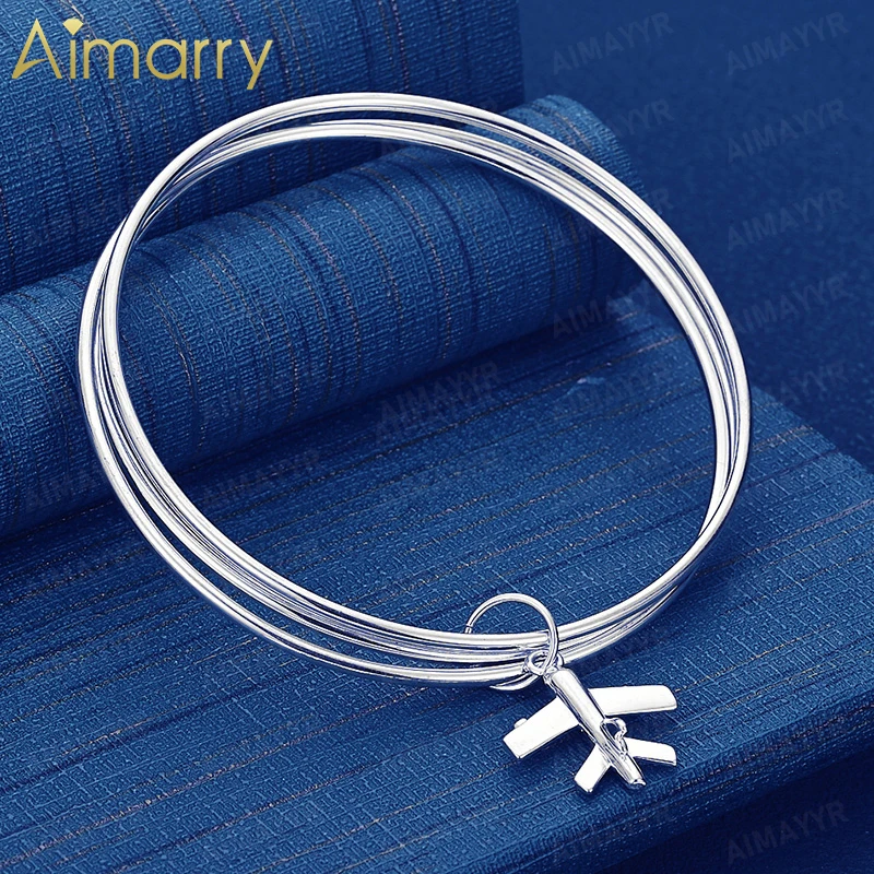 925 Sterling Silver Smooth Three Ring Aircraft Hang Tag Bracelet for Women's Banquets and Weddings High-quality Fashion Jewelry