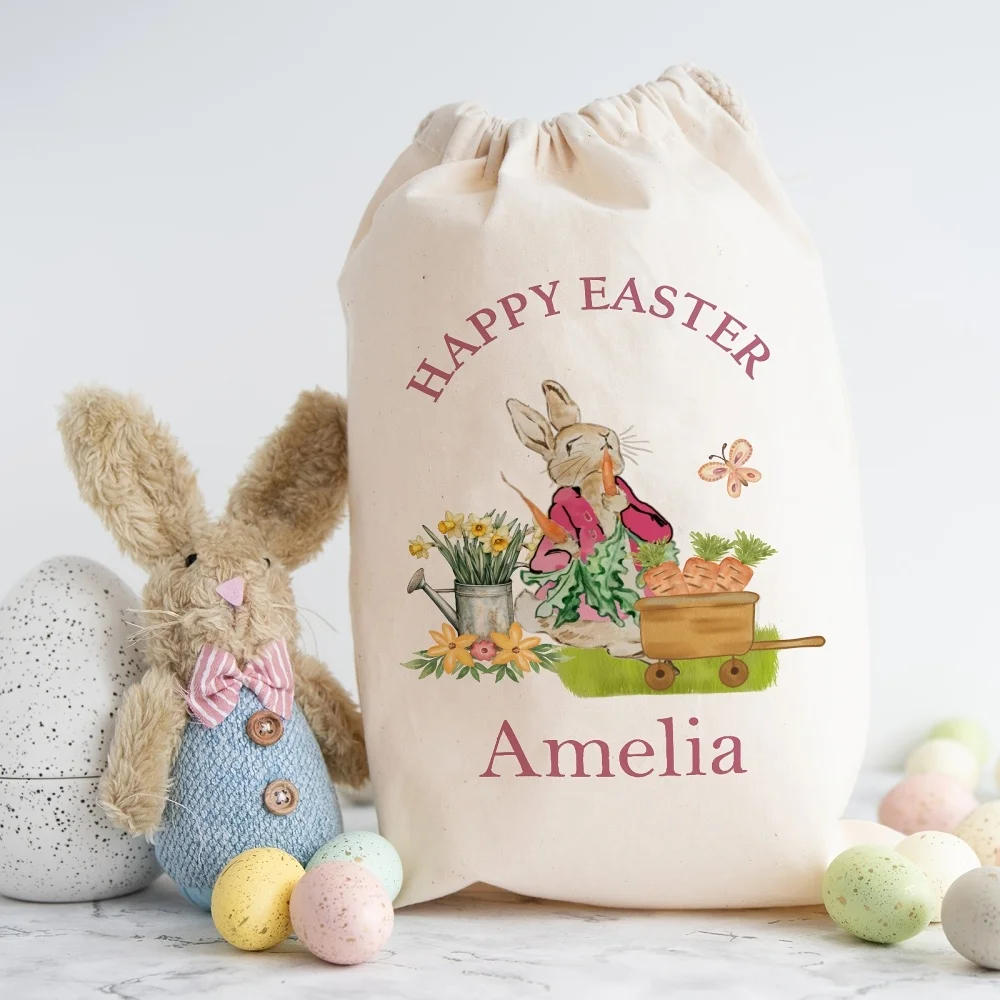 1Pc Personalized Customized Name/Text Easter Party Theme Imitation Hemp Gift Bag Drawstring Closure Storage Bag, Easter Egg Bags