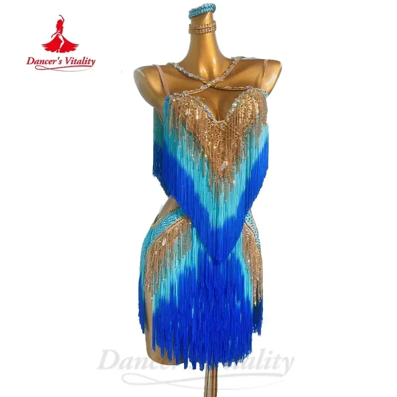 Latin Dance Dresses Customized Luxury Rhinestone Gradient Tassel Dress Adults and Children Tango Samba Rumba Competition Outfit