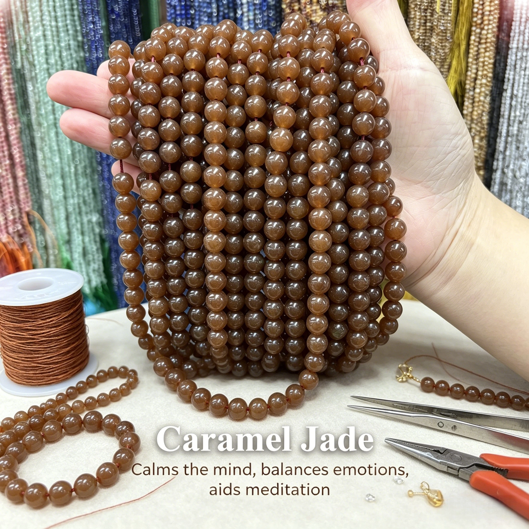 Caramel Jade Round Loose Beads 6 8 10mm for Making DIY Natural Gemstone Jasper Beads Bracelet Necklace Craft Jewelry Accessories