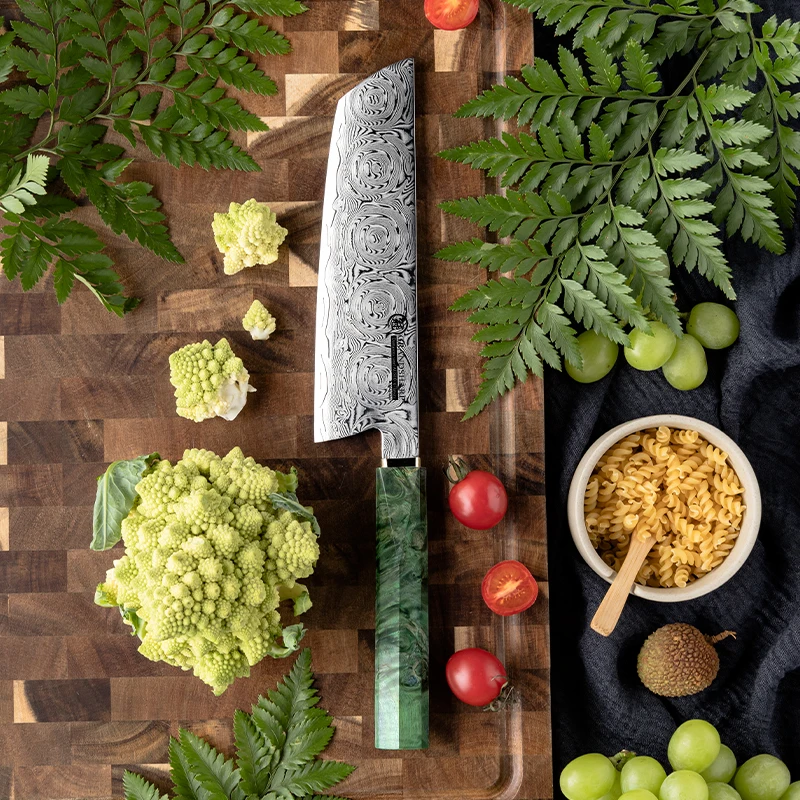 Grandsharp 7''Nakiri Knife Damascus Steel with Green Solidified Wood + Copper Bolster Handle Kitchen Knives Cleaver Knife
