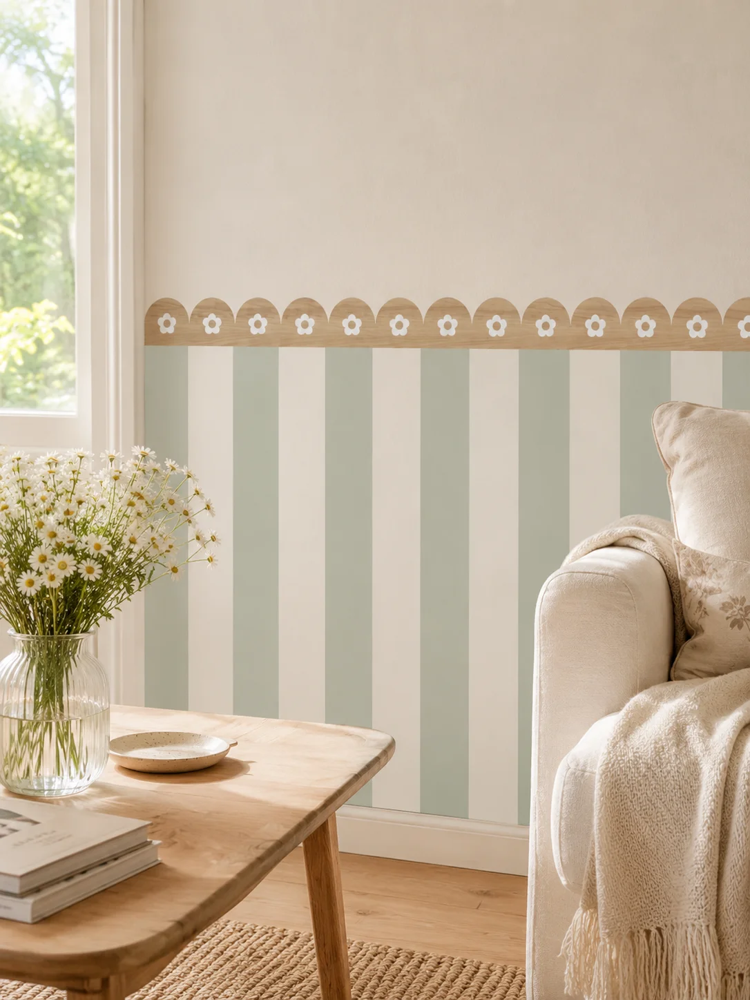 Peel and Stick Striped Half Wall Panel Decals, Scalloped Border Textured Wall Stickers, Removable Wallpaper for Interior Wall De