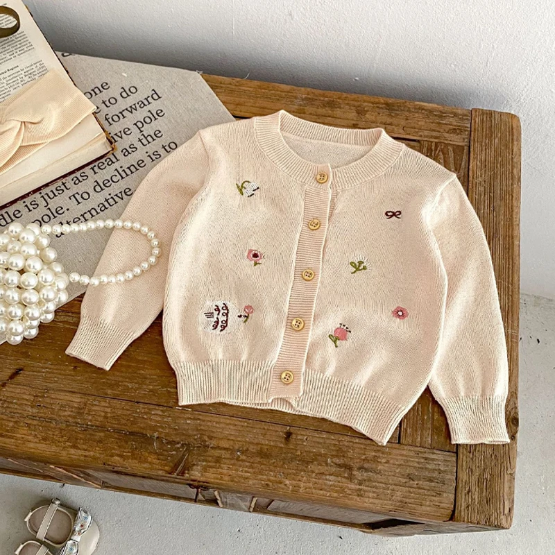 Summer New Baby Clothes Embroidered Round Neck All Cotton Knitted Air Conditioning Shirt Cute Pattern Gentle Cardigan Sun Protec