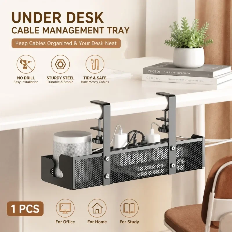 Under Desk Cable Management Tray Carbon Steel No Drilling with Clamp Desk Wire Organizers Table Cord Management Storage Tray