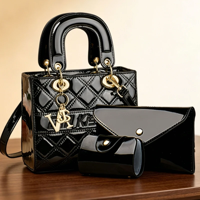 3-piece women's bag set, high-quality checkered patent leather women's handbag, new spring and summer women's crossbody bag
