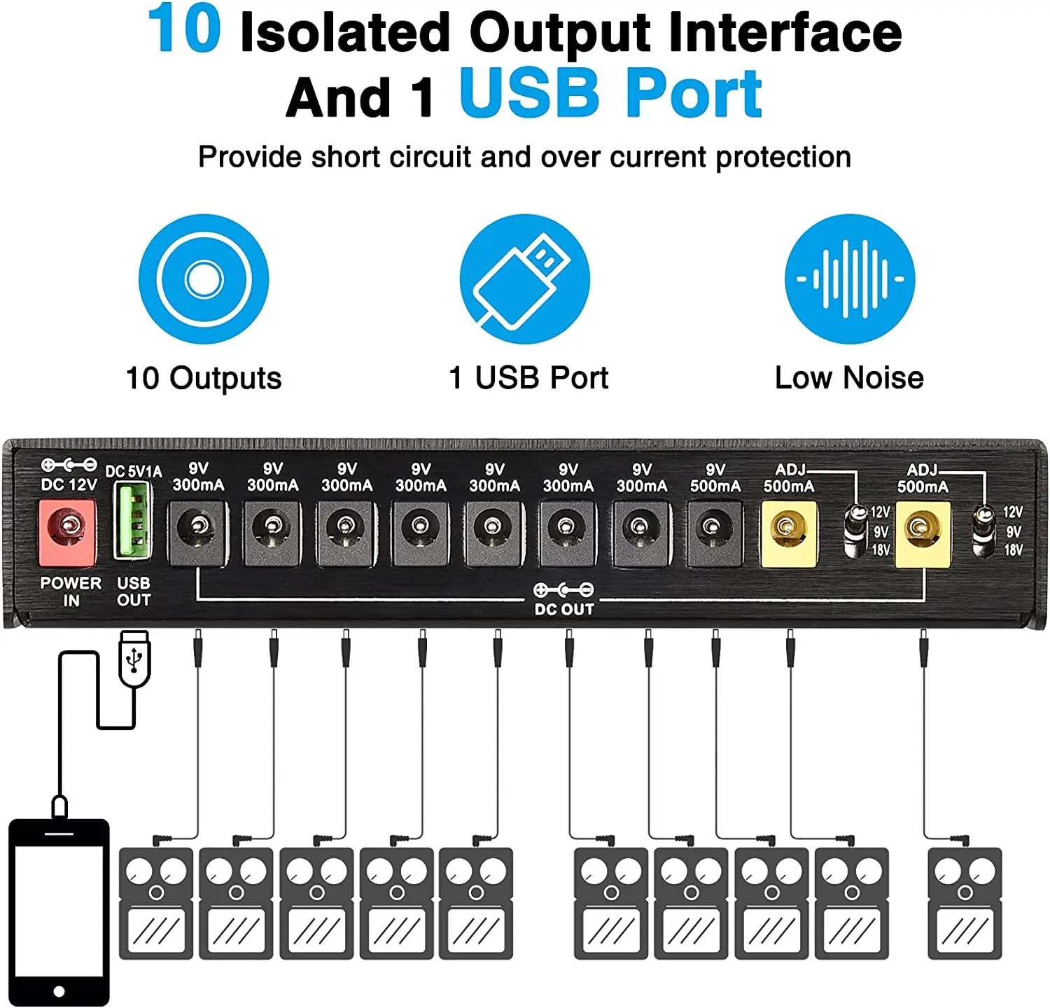 Mosky ISO-10 Guitar Power Supply Effect Pedal 10 Isolated Station Power Supply DC Outputs/ 5V USB Port Output for 9V 12V 18V