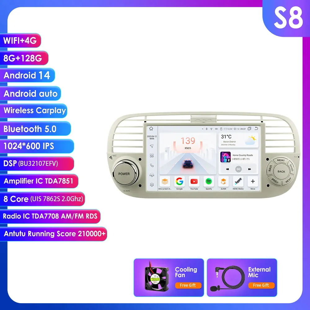 4G 9 Inch 2din Android Auto Multimedia Speler Voor Fiat 500 Navigatie Gps Carplay Auto Radio Rds Dsp Stereo Video Audio Head Unit