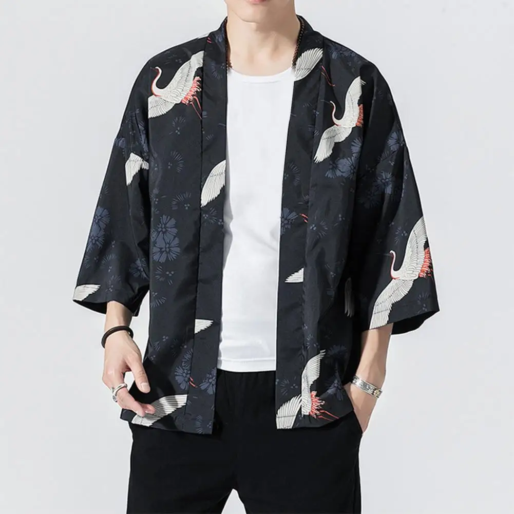 Men Shirt Bird Print Three-quarter Sleeve Men Kimono Japanese Style Samurai Costume Yukata Asian Clothes Men Clothes For Daily