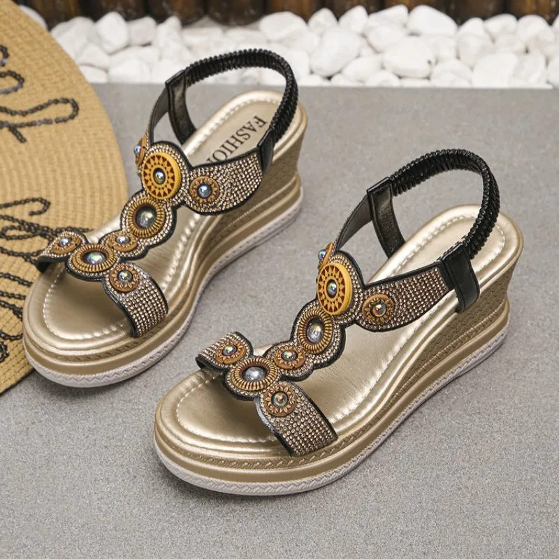 Women Sandals Summer Thick Sole Non Slip Beach Shoes Woman Bohemian Style Wedge Sandals Colorful Bead Chunky Platform Shoes