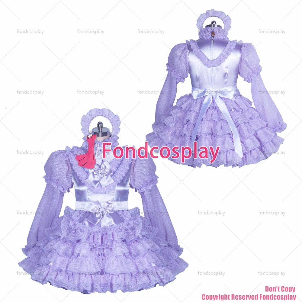 fondcosplay adult sexy cross dressing sissy maid short French lockable lilac satin organza dress unisex CD/TV[G3883]