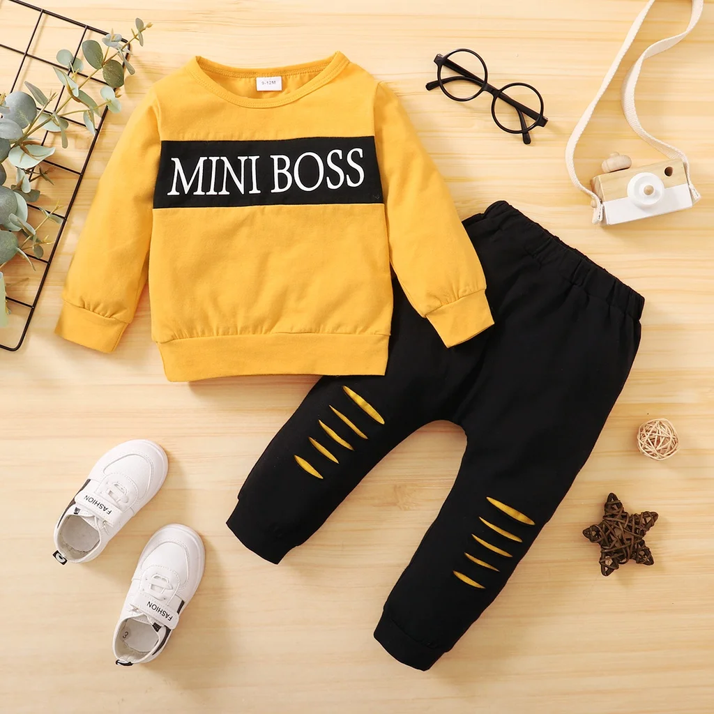 0-18 Months Newborn Baby Boys Clothes Set Cute Letter Print Long Sleeve Tops+Ripped Pants Infant Boys 2PCS Sports Outfit Casual