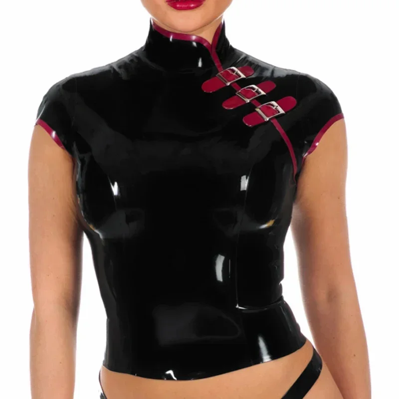customized Black And Red Trims Sexy Latex Shirt With Cheongsam Collar Buckles At Front Zipper Back Rubber Blouse Clothings
