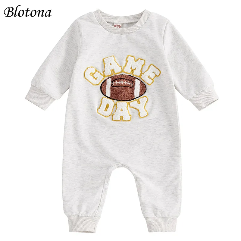 

Blotona Baby Girl Boy Fall Romper Letter Rugby Embroidery Long Sleeve Crew Neck Full Length Jumpsuit