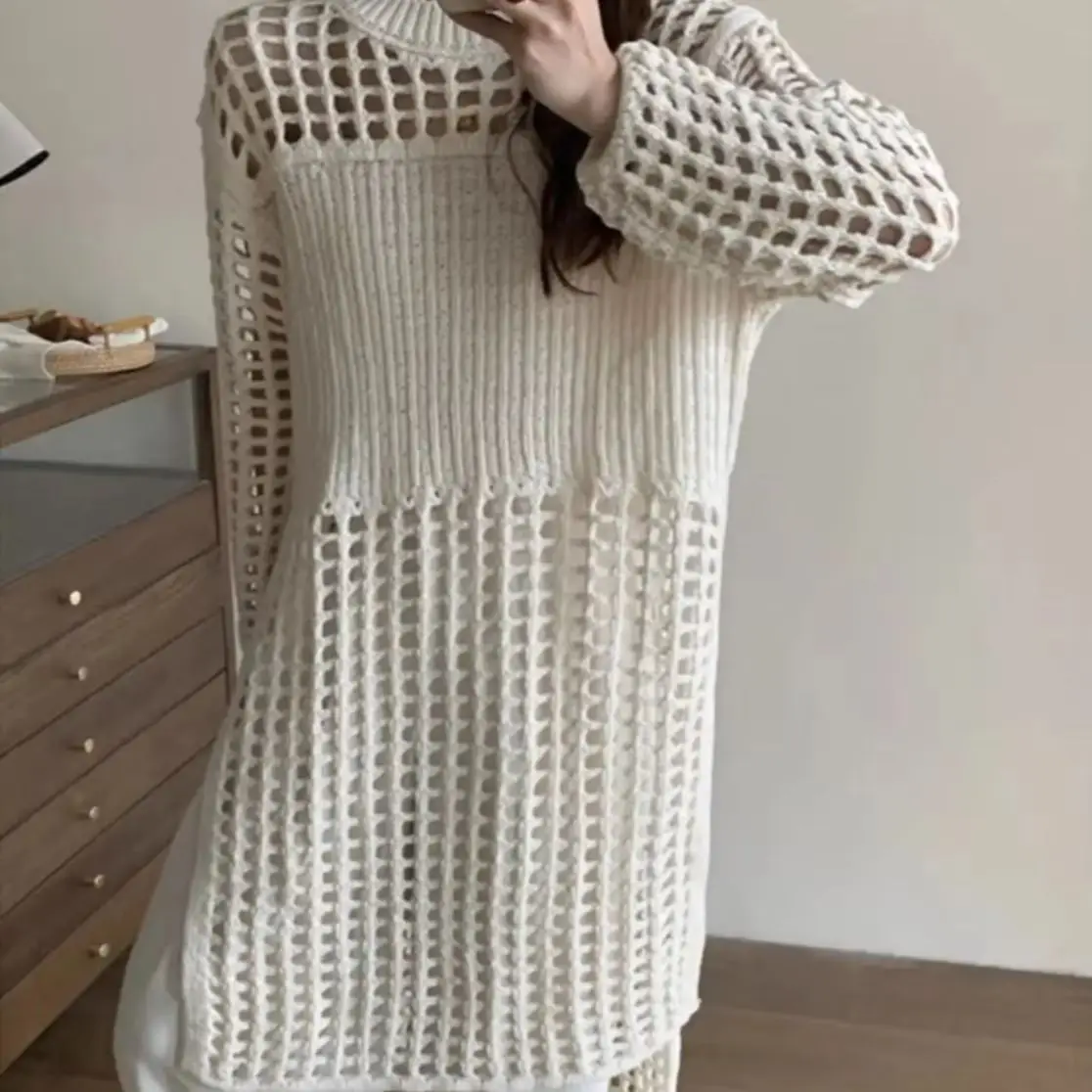 Long Overlapping Wear Solid Color Knitting Dress Summer Dresses 2024 Loose Casual Temperament Hollow Out Sweater O-Neck Split