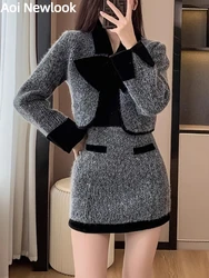 Fashion Spice Girl Woolen Suit Women 2023 Autumn Winter New Contrast Bow Short Coat Top+High Waist Skirt Commuting Two-Piece Set