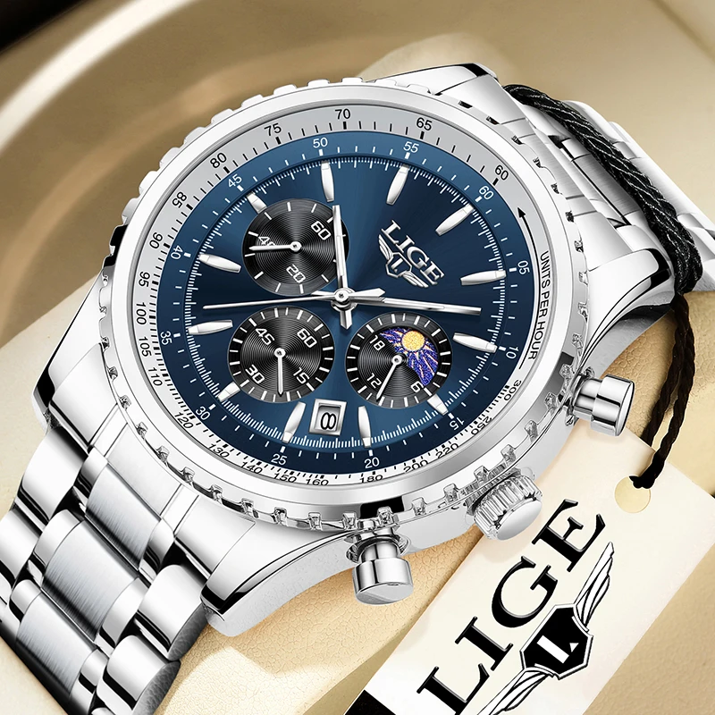 LIGE Fashion Men Watch Casual Sports Waterproof Moon Phase Watch Men Top Brand Luxury Auto Date Quartz Chronograph Montre Homme