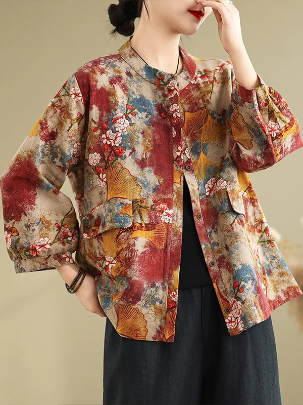 

Retro adient Floral Cotton Linen irt Jaet Women's Spring Mommy Sle Faionable Youthful Slimming Outerwear Cardigan Top
