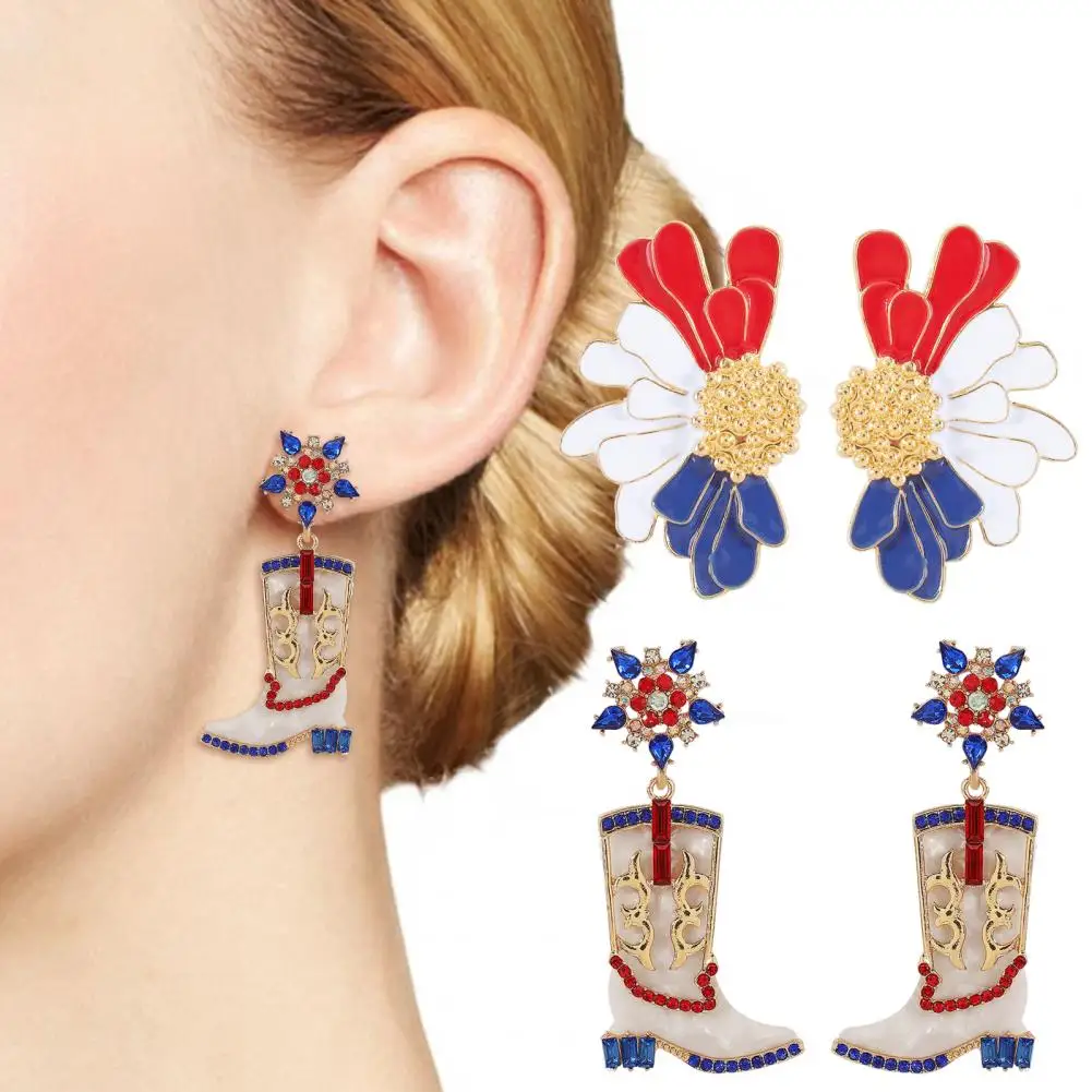 1 Pair Women Hanging Earrings Independence Day Celebration Dangle Earrings Rhinestone Snowflake Floral Shape Lady Ear Studs