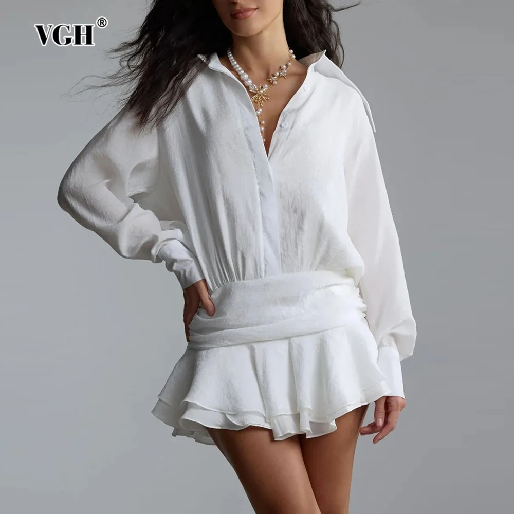

VGH Casual Slimming Solid Mini Dresses For Women Lapel Long Sleeve High Wasit Irregular Hem Temperament Folds Dress Female New