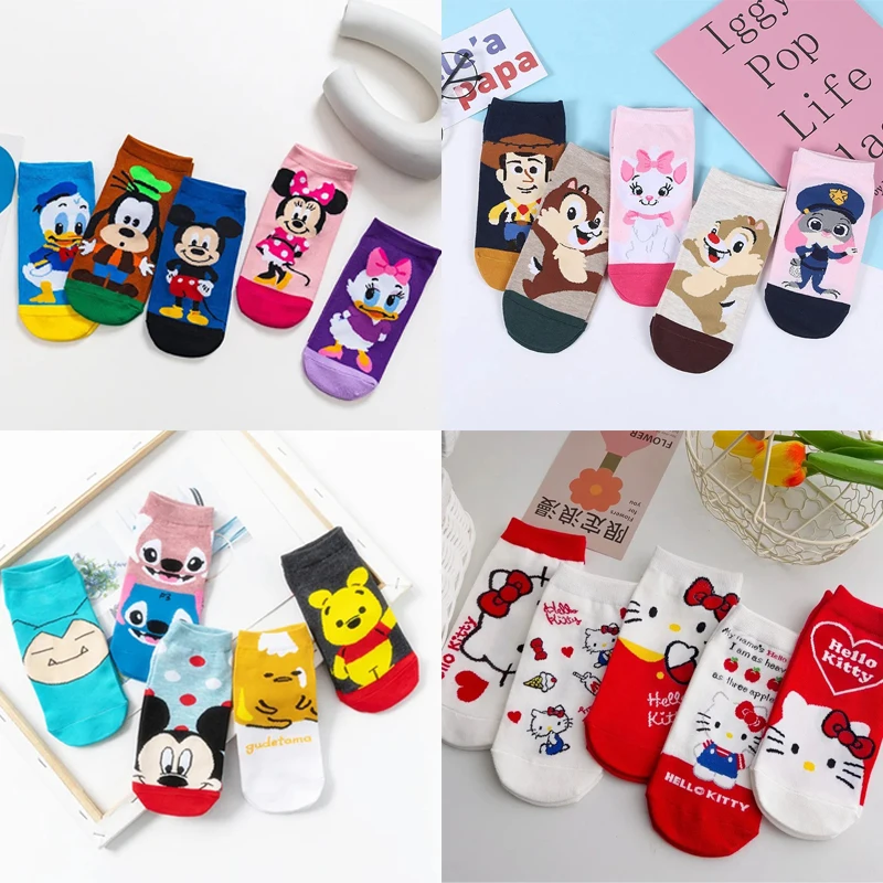 5 Pairs Summer Kawaii Disney Cotton Socks Stitch Mickey Minnie Daisy Donald Duck Winnie Chip Judy Women Low Tube Boat Socks