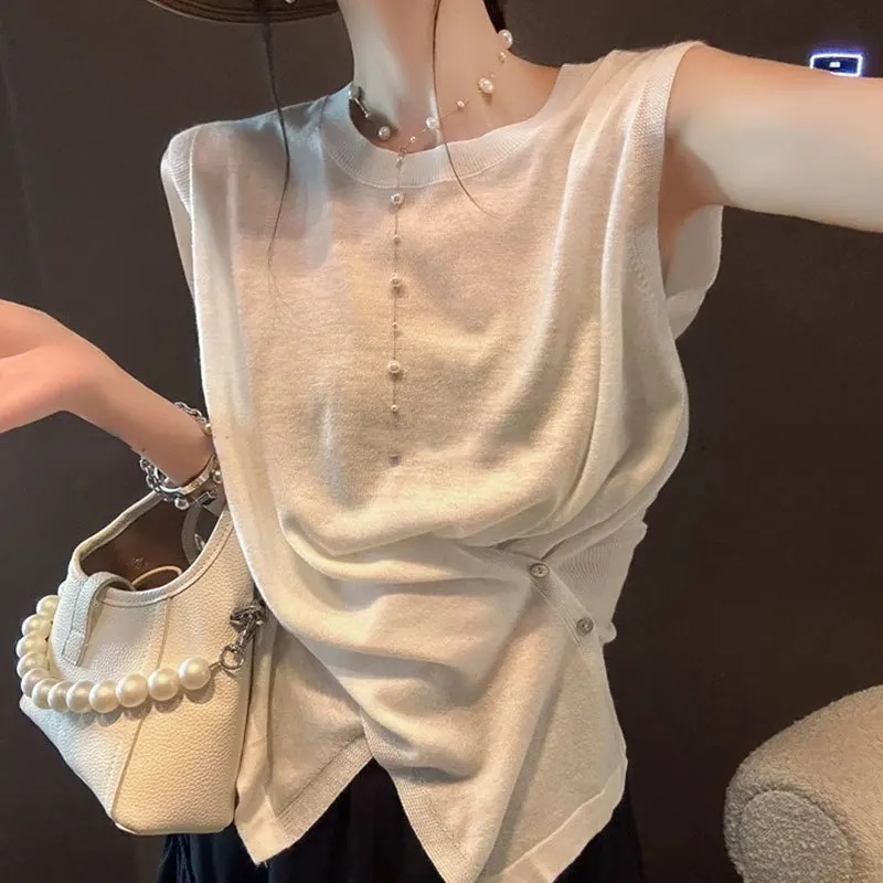 Sommerliches ärmelloses T-Shirt für Damen, leichte, einfarbige Strickweste, einzigartiges, unregelmäßiges Design, lässige Damenbekleidung mit Rundhalsausschnitt