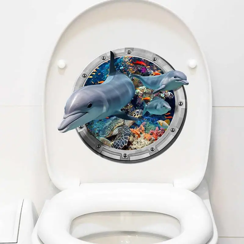 3D Simulated Porthole Wall Stickers Ocean Sharks Submarine Window Scenery PVC Home Washroom Decoration