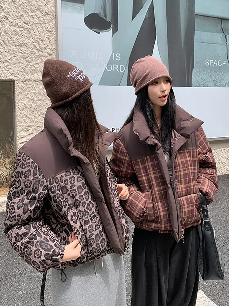 Winter Thickened down Cotton Jacket Women's Short Coat Warm Stand Collar Plaid Cotton Outerwear Commute Style Loose Fit Zipper