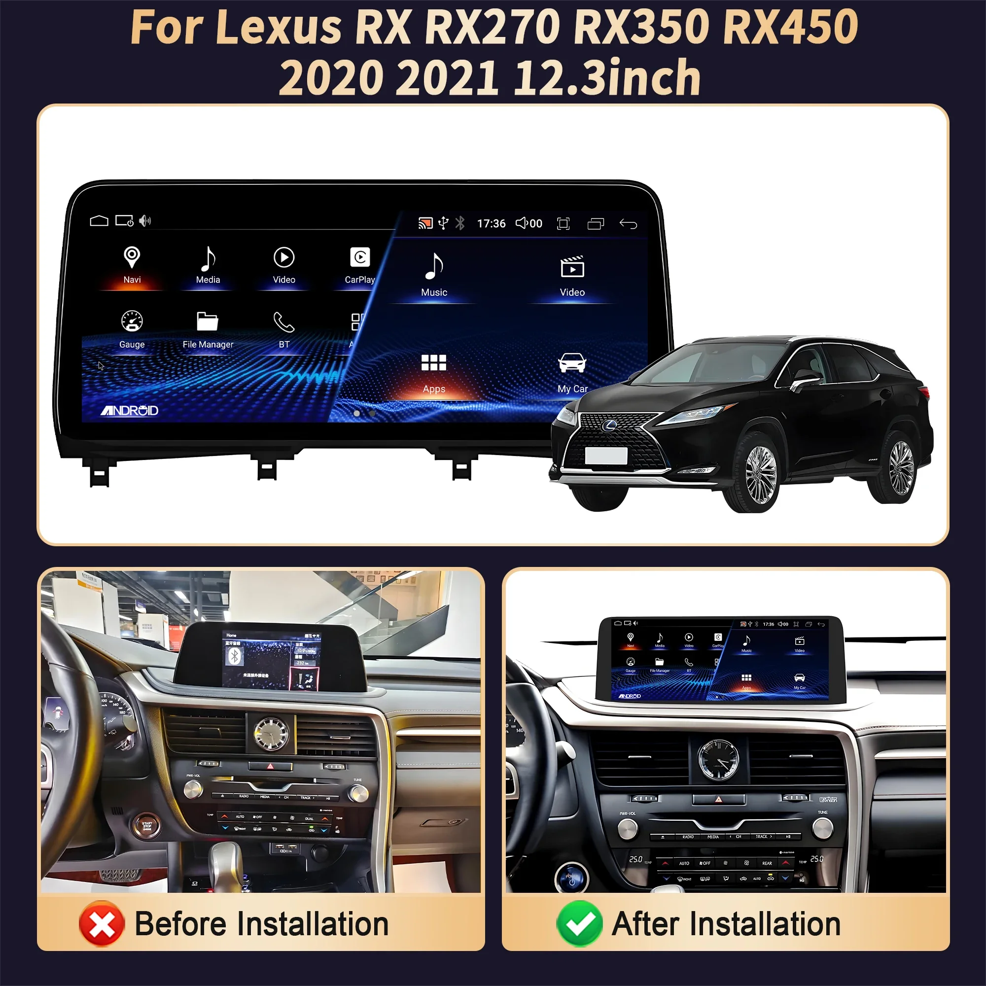 12.3 inch For Lexus RX RX270 RX350 RX450 2020 2021 Car Radio Wireless CarPlay Multimedia Snapdragon 680 Screen