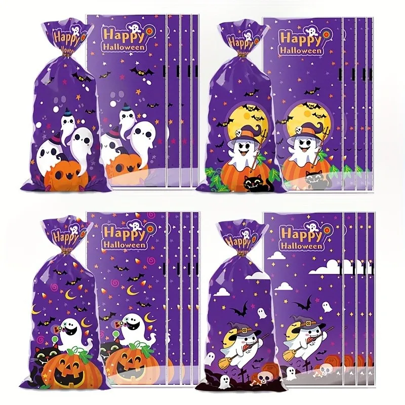 50 Stück Halloween-Süßigkeitenbeutel, 3 verschiedene Designs, gemischte Plastik-Geschenktüten mit Drehverschlüssen für Süßes oder Saures Party-Geschenkverpackung