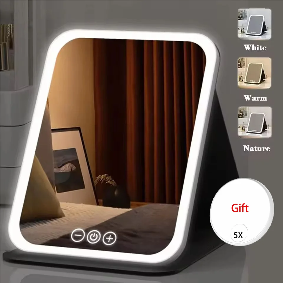 Reise-Make-up-Spiegel, Vergrößerung 5 x, Tischspiegel mit verstellbarem Ständer, wiederaufladbarer beleuchteter LED-Kosmetikspiegel mit 3 Farblichtern