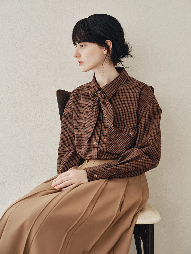 

Cui Academy Sle Loose Women's irt Color Blo Plaid Tie Ne Autumn High Premium Cotton Long Sve Daily Wear