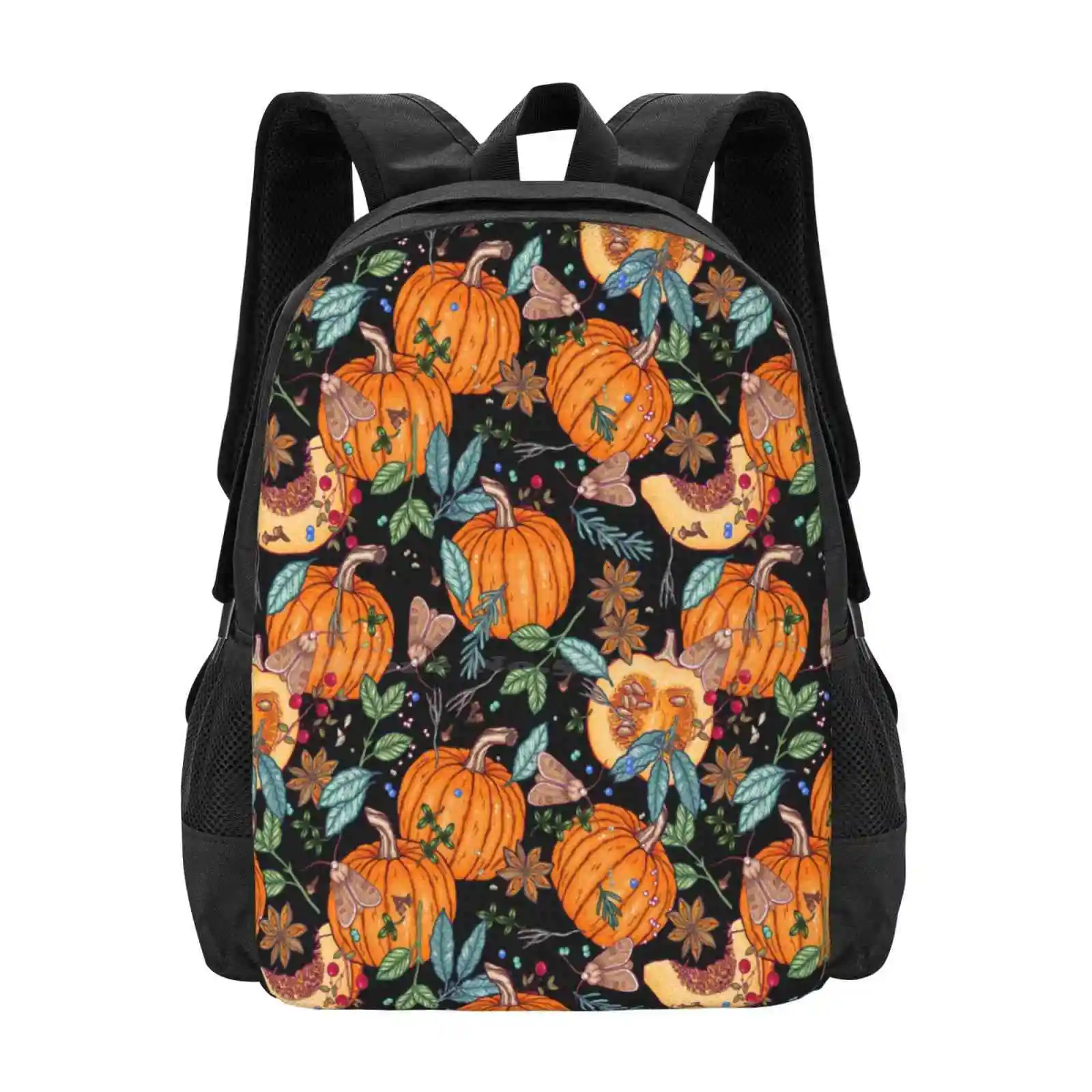 Magic Autumn Pumpkins Pattern Design Bagpack School Bags Pumpkin Cloves Bay Leaves Anise Autumn Garden Floral Halloween