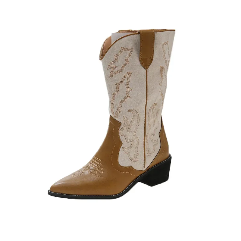 Stivali da donna ricamati naturali al 2024 stivali da Cowboy in pelle fatti a mano con punta a punta autunno inverno New Western Retro Botas