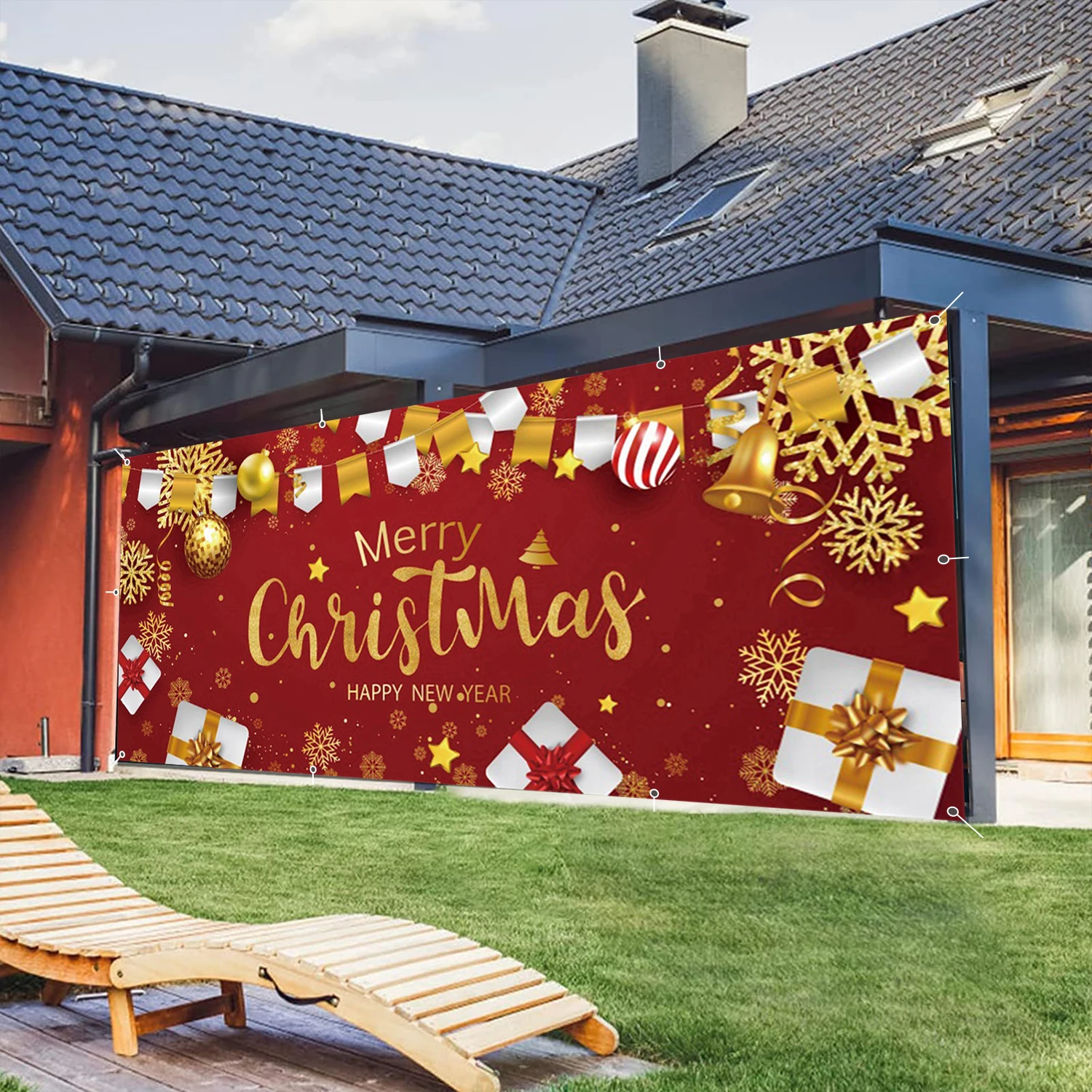 الأحمر عيد الميلاد المرآب الجدار الديكور راية خلفية أجراس الشتاء عيد الميلاد إكليل الهدايا غطاء باب المرآب الديكور في الهواء الطلق