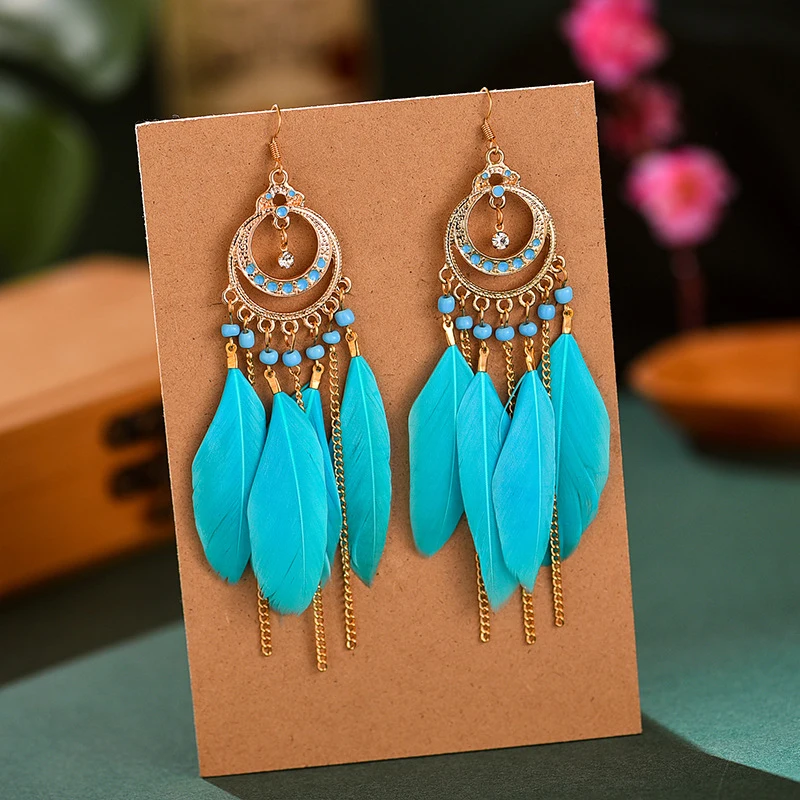 Boucles d'oreilles bohèmes longues plumes pour femmes, pendants géométriques en métal émaillé, bijoux faits à la main perlés