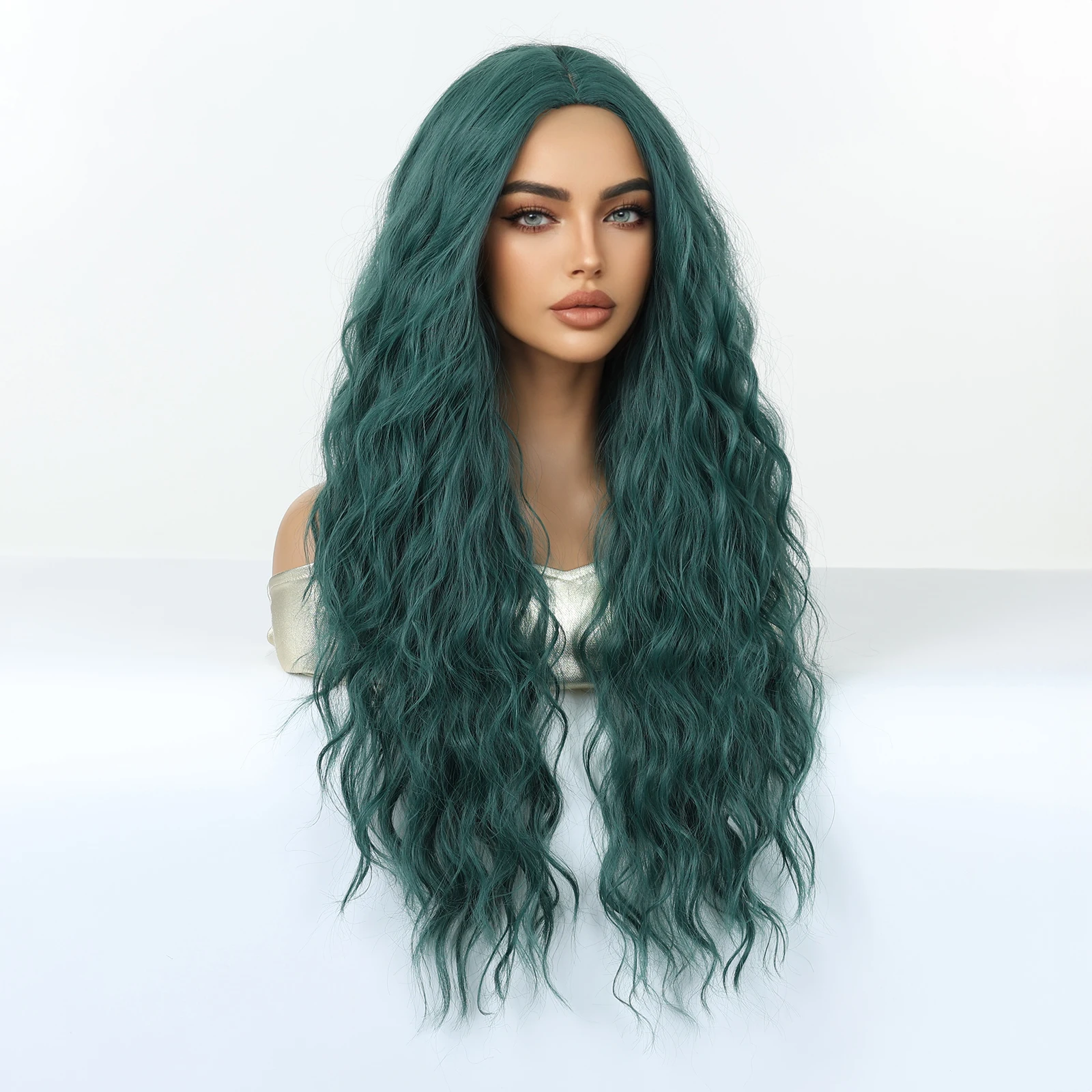 شعر مستعار اصطناعي طويل مموج أخضر داكن الجزء الأوسط شعر مستعار كوسبلاي للنساء شعر طبيعي حفلة عيد الميلاد استخدام شعر مستعار ألياف مقاومة للحرارة