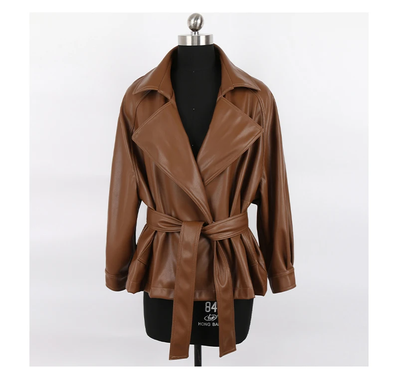 Mauroicardi Spring Short Fitted Brown Soft Lightweight Pu Leather Jacket Women Raglan Sleeve Sashes Black Fall Clothes 2025