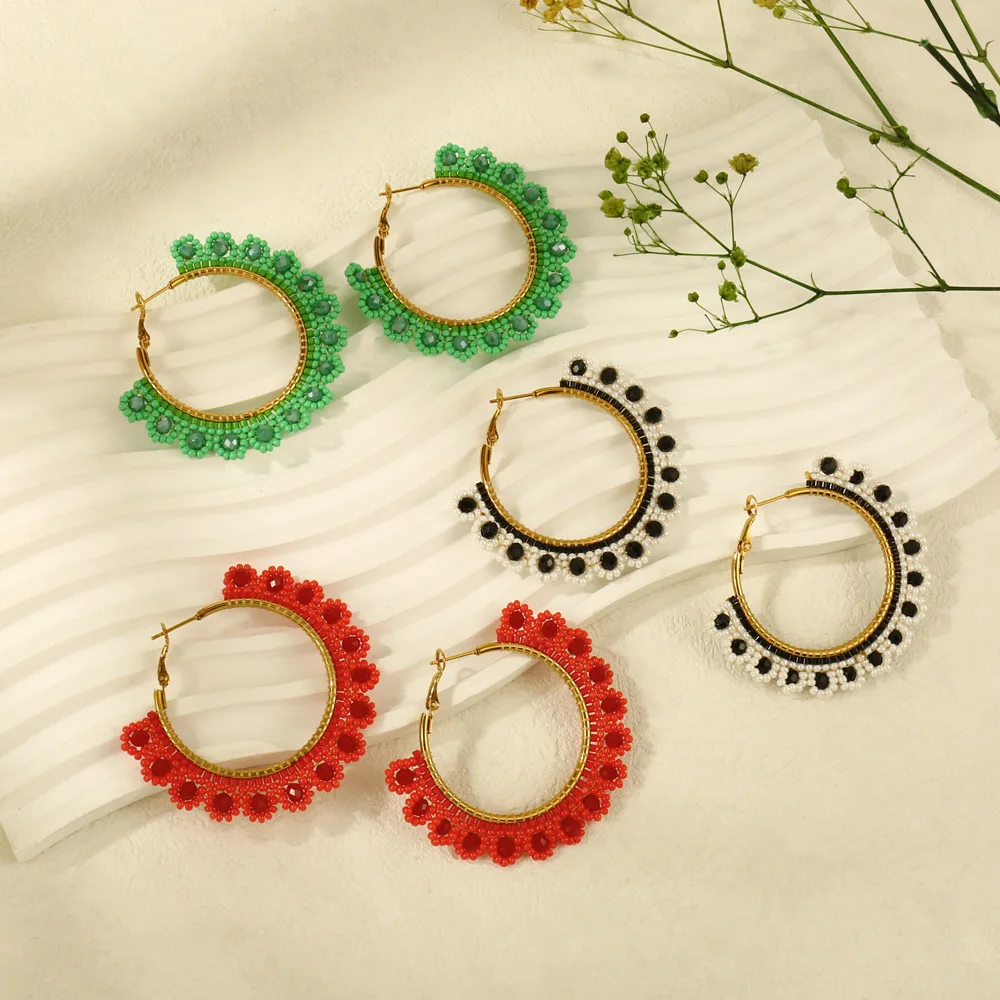 

Beaded earrings Circle Colorful Bohemia Crystal Hand-woven Alloy female Personality Trend Simple Versatile Rice bead earrings