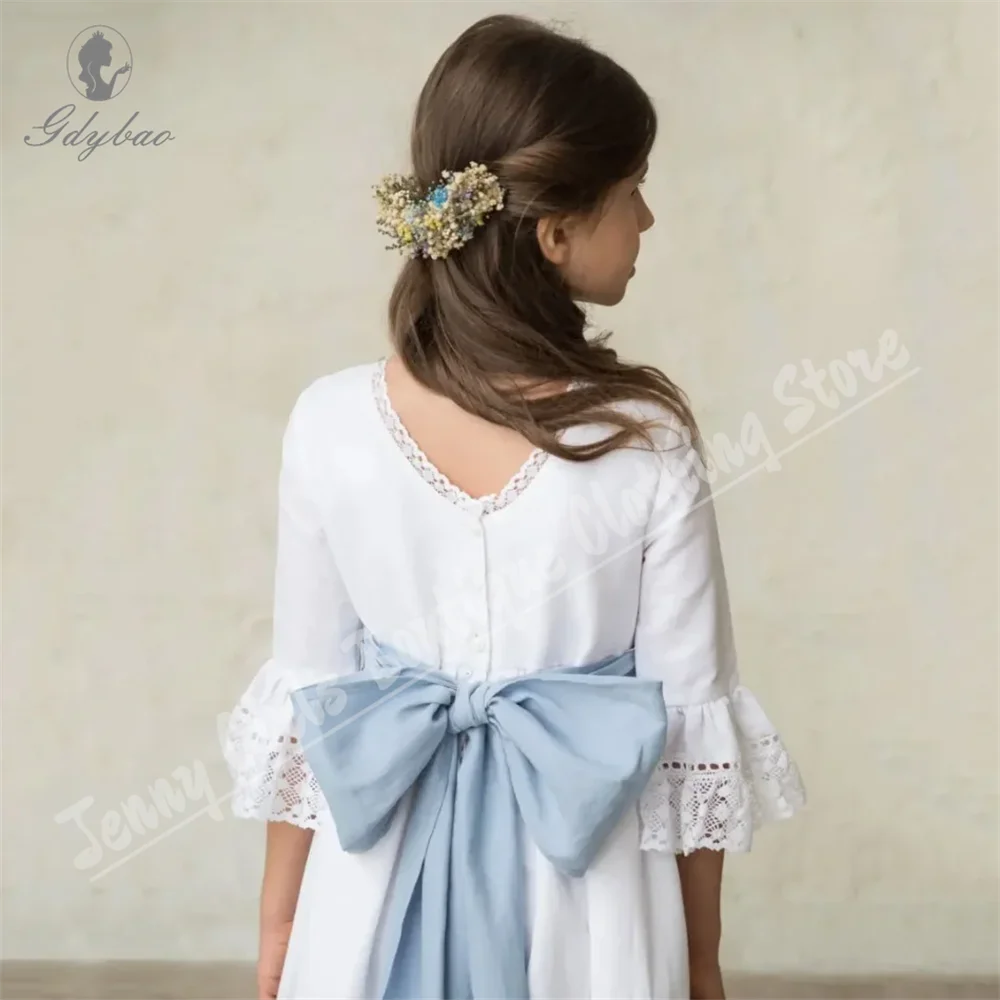 White Elegance Flower Girl Dress With Sky Blue Belt Half Sleeve For Wedding Birthday Party First Communion Gown
