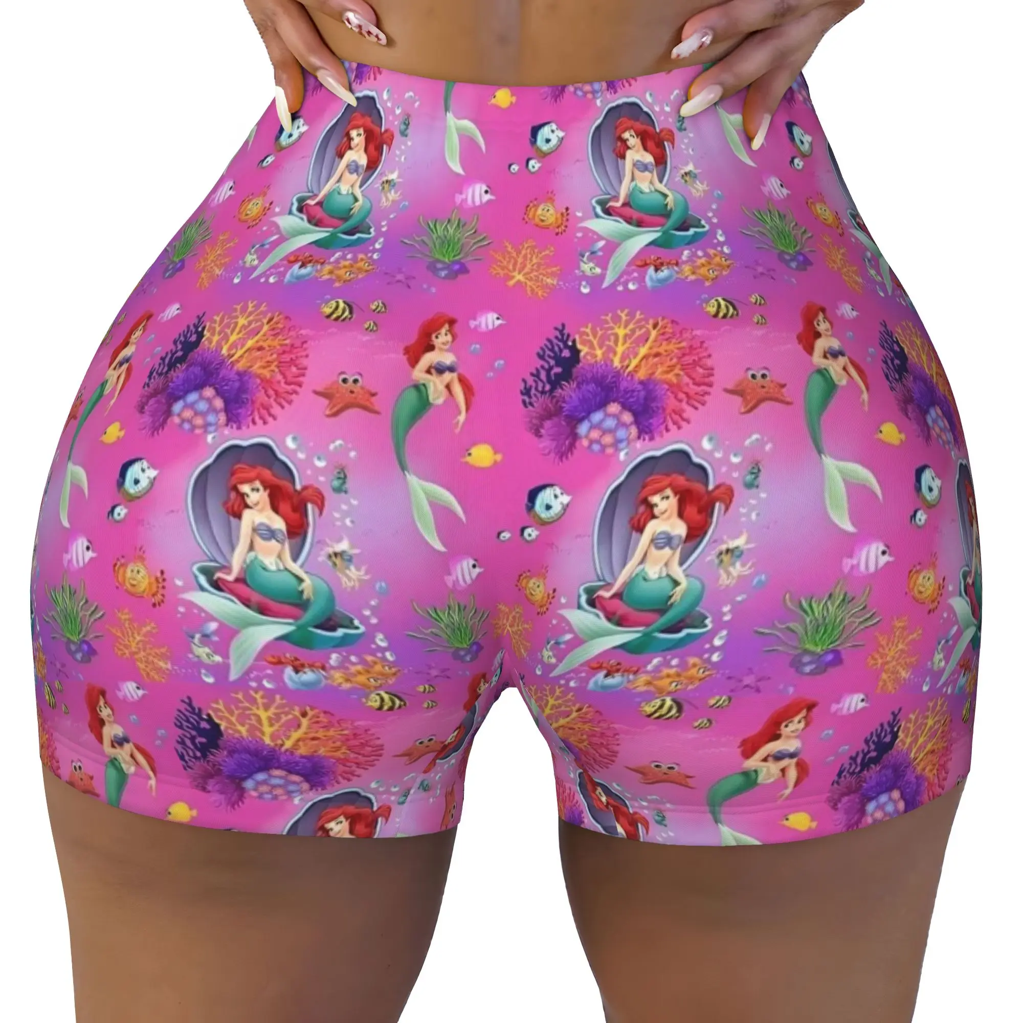 Custom Littles Anime Mermaides Gym Volleyball Biker Shorts Women's Fish Manga Workout Yoga Shorts