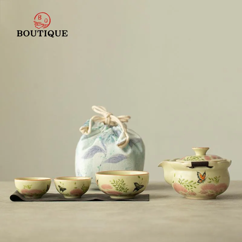 Hand Painted Portable Tea Set Cloth Bag Ceramic Outdoor Teacup Set Tea Pot Travel Tea Accessories Mate Chinese Cup Gaiwan Maker