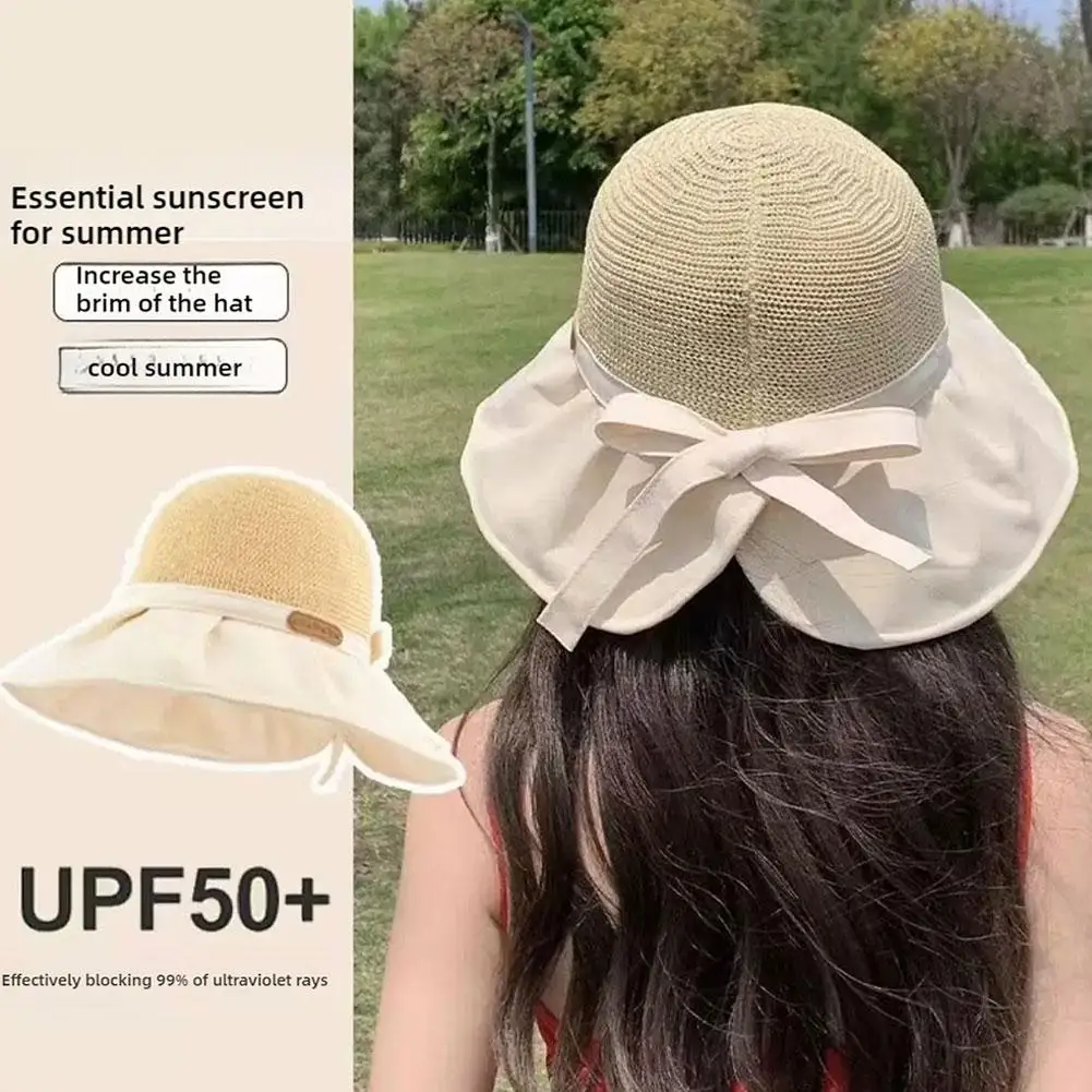 Women's Summer Hat Wide Brim UV Protection Solar Beach Bucket Hats Bow Sun Hat Large Uv Protection Ponytail Travel Panama Caps