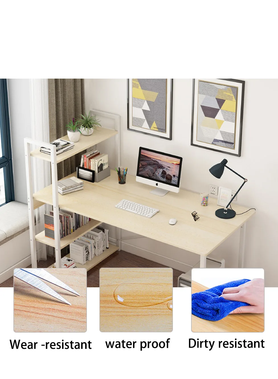 Computer Table Home Office Large Desk, Gaming Table Study Writing Table Modern Simple Style Desk with Bookshelf